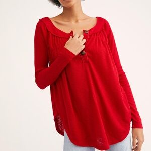 We The Free Red Relaxed Bib Collar Long Sleeve Top